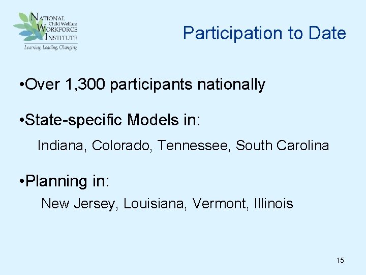 Participation to Date • Over 1, 300 participants nationally • State-specific Models in: Indiana,