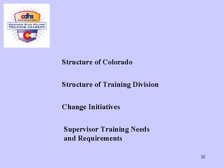 Structure of Colorado Structure of Training Division Change Initiatives Supervisor Training Needs and Requirements