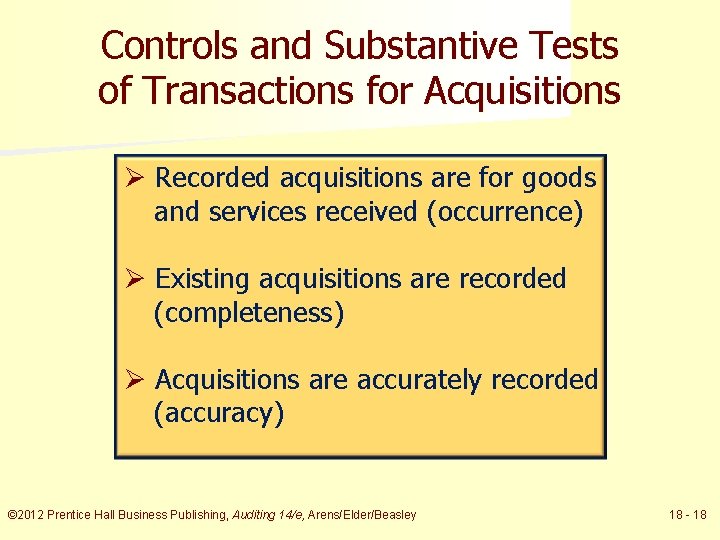 Controls and Substantive Tests of Transactions for Acquisitions Ø Recorded acquisitions are for goods