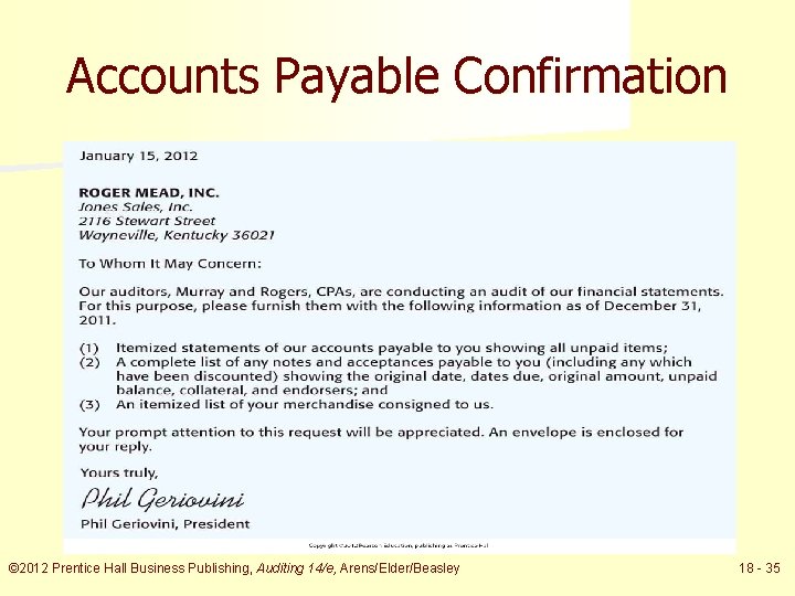 Accounts Payable Confirmation © 2012 Prentice Hall Business Publishing, Auditing 14/e, Arens/Elder/Beasley 18 -