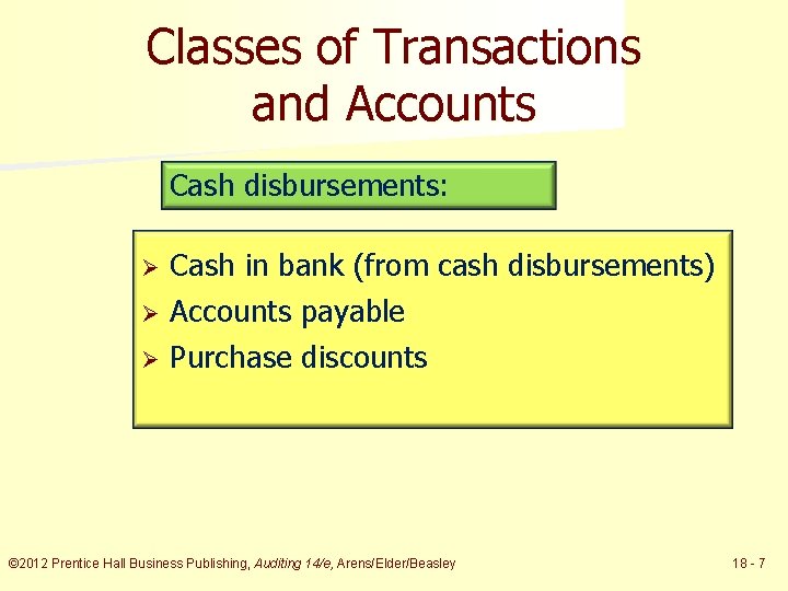 Classes of Transactions and Accounts Cash disbursements: Ø Cash in bank (from cash disbursements)