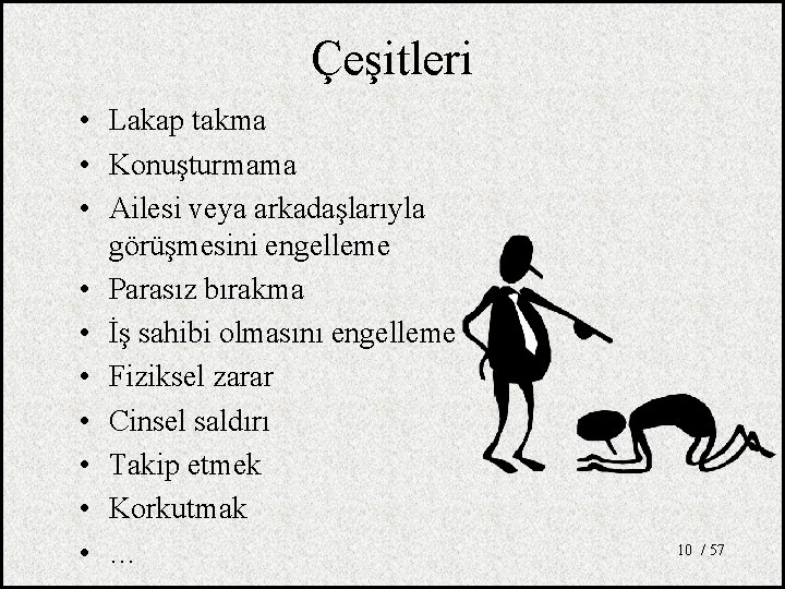 Çeşitleri • Lakap takma • Konuşturmama • Ailesi veya arkadaşlarıyla görüşmesini engelleme • Parasız