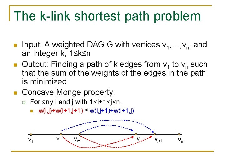 The k-link shortest path problem n n n Input: A weighted DAG G with The k-link shortest path problem n n n Input: A weighted DAG G with