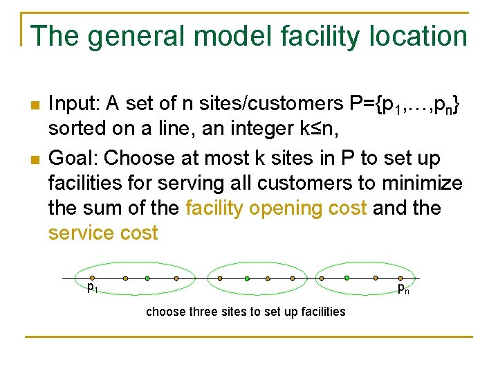 The general model facility location n n Input: A set of n sites/customers P={p The general model facility location n n Input: A set of n sites/customers P={p