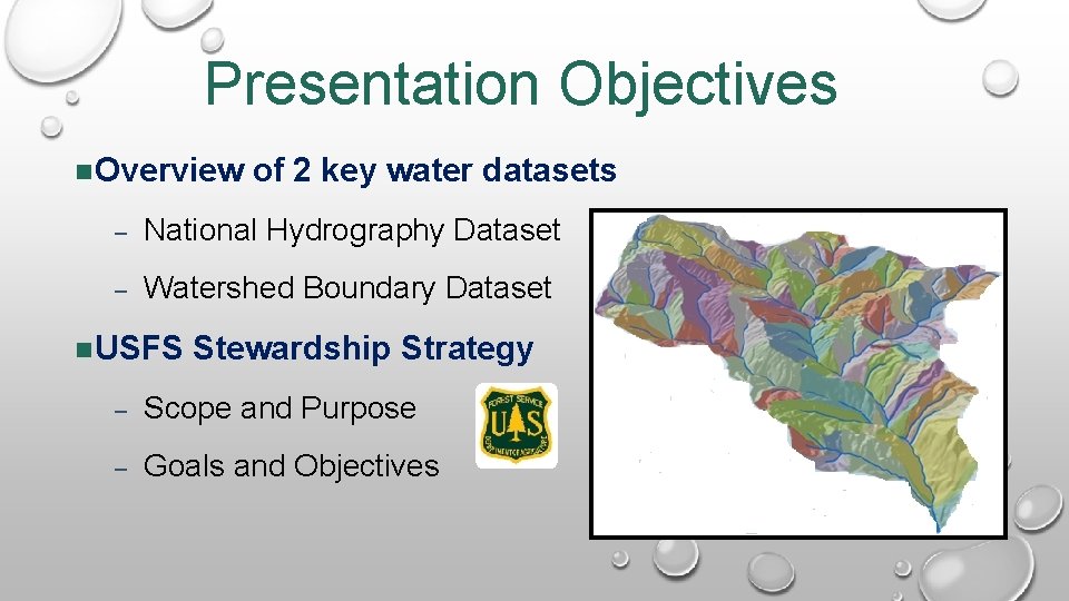 Presentation Objectives Overview of 2 key water datasets – National Hydrography Dataset – Watershed