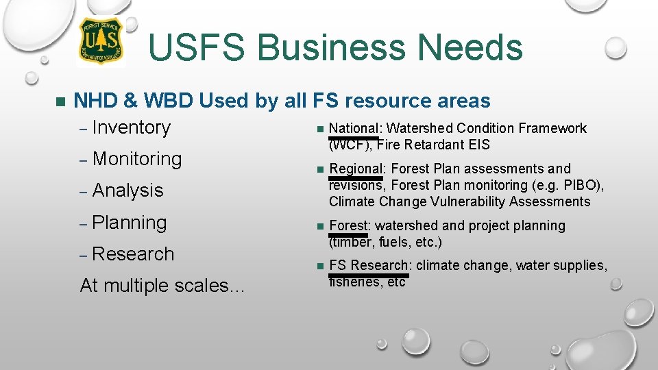 USFS Business Needs NHD & WBD Used by all FS resource areas – Inventory