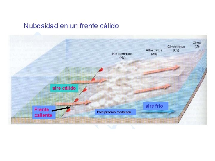 Nubosidad en un frente cálido aire cálido Frente caliente aire frío Precipitación moderada 