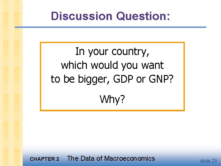 Discussion Question: In your country, which would you want to be bigger, GDP or