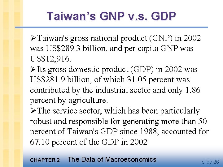 Taiwan’s GNP v. s. GDP ØTaiwan's gross national product (GNP) in 2002 was US$289.