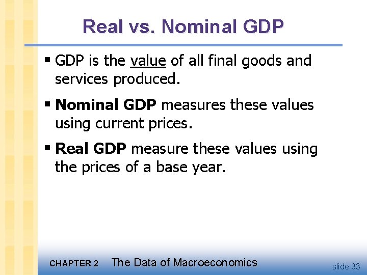 Real vs. Nominal GDP § GDP is the value of all final goods and