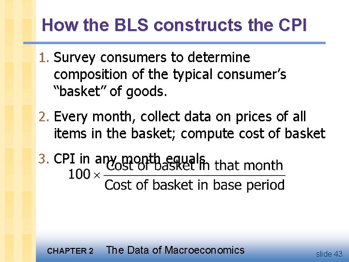 How the BLS constructs the CPI 1. Survey consumers to determine composition of the