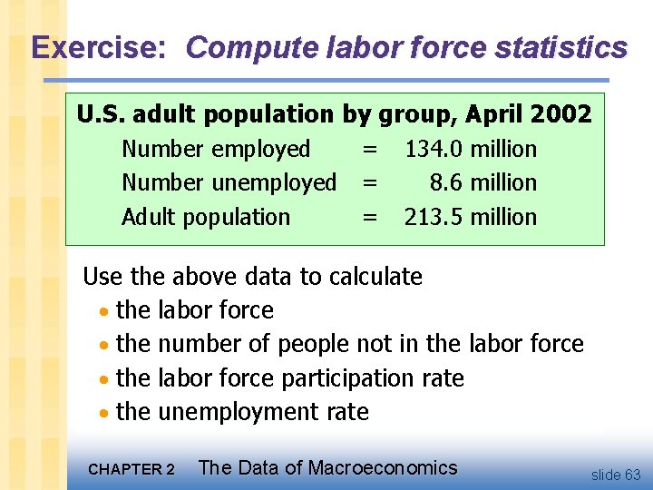 Exercise: Compute labor force statistics U. S. adult population by group, April 2002 Number