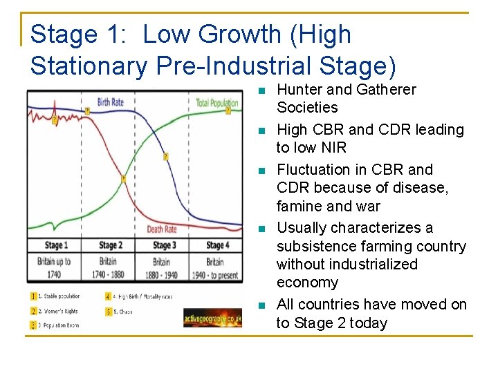 Stage 1: Low Growth (High Stationary Pre-Industrial Stage) n n n Hunter and Gatherer