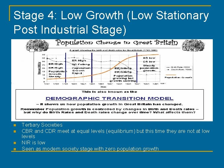 Stage 4: Low Growth (Low Stationary Post Industrial Stage) n n Tertiary Societies CBR