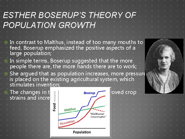 ESTHER BOSERUP’S THEORY OF POPULATION GROWTH In contrast to Malthus, instead of too many