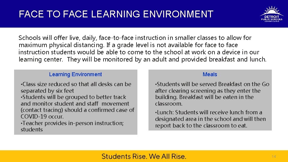 FACE TO FACE LEARNING ENVIRONMENT Schools will offer live, daily, face-to-face instruction in smaller