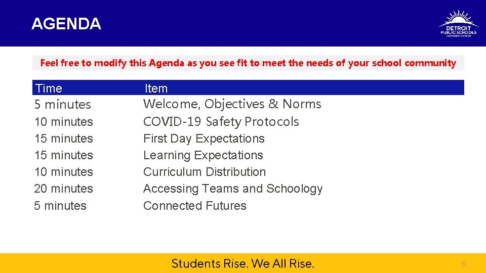 AGENDA Feel free to modify this Agenda as you see fit to meet the