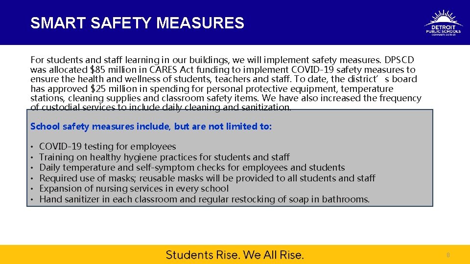 SMART SAFETY MEASURES For students and staff learning in our buildings, we will implement