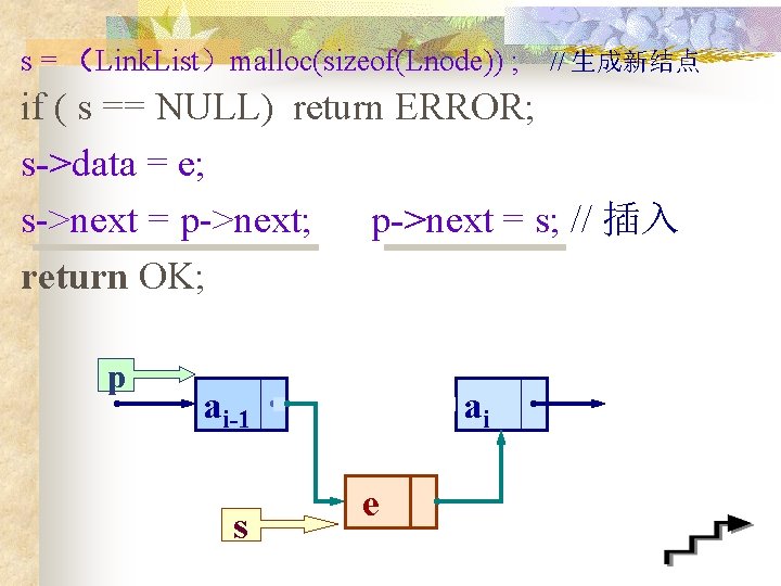 s = （Link. List）malloc(sizeof(Lnode)) ; // 生成新结点 if ( s == NULL) return ERROR;