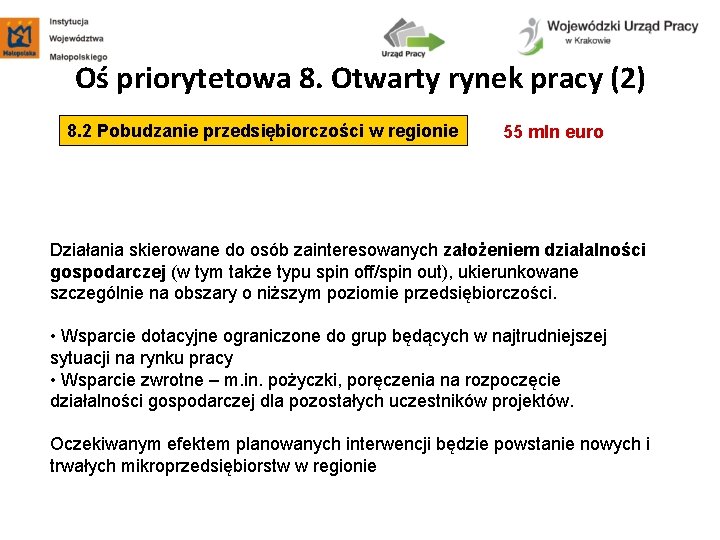 Oś priorytetowa 8. Otwarty rynek pracy (2) 8. 2 Pobudzanie przedsiębiorczości w regionie 55