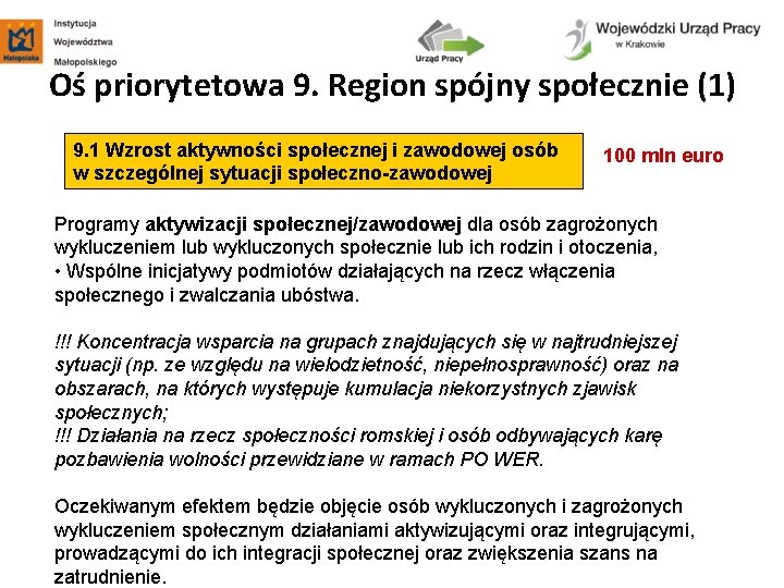 Oś priorytetowa 9. Region spójny społecznie (1) 9. 1 Wzrost aktywności społecznej i zawodowej