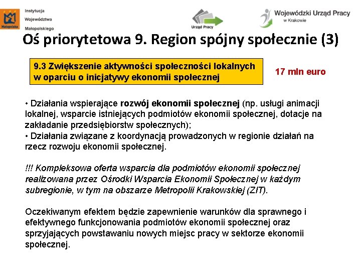 Oś priorytetowa 9. Region spójny społecznie (3) 9. 3 Zwiększenie aktywności społeczności lokalnych w