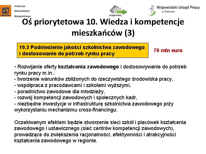 Oś priorytetowa 10. Wiedza i kompetencje mieszkańców (3) 10. 3 Podniesienie jakości szkolnictwa zawodowego