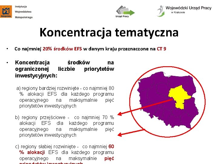 Koncentracja tematyczna • Co najmniej 20% środków EFS w danym kraju przeznaczone na CT