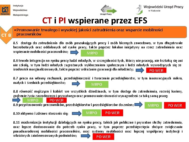 CT i PI wspierane przez EFS • Promowanie trwałego i wysokiej jakości zatrudnienia oraz