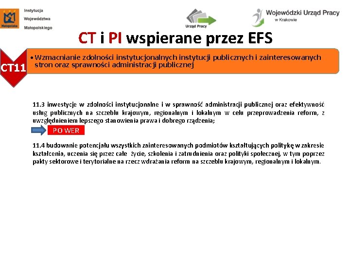CT i PI wspierane przez EFS CT 11 • Wzmacnianie zdolności instytucjonalnych instytucji publicznych