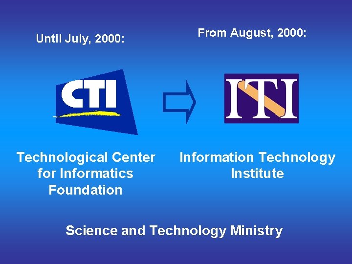 Until July, 2000: Technological Center for Informatics Foundation From August, 2000: Information Technology Institute