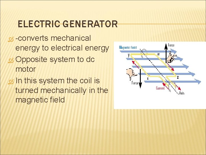 ELECTRIC GENERATOR -converts mechanical energy to electrical energy Opposite system to dc motor In
