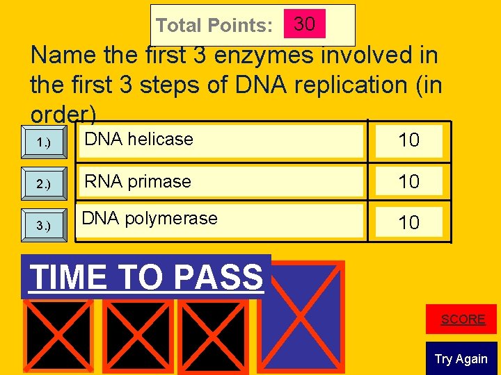 Total Points: 30 Name the first 3 enzymes involved in the first 3 steps