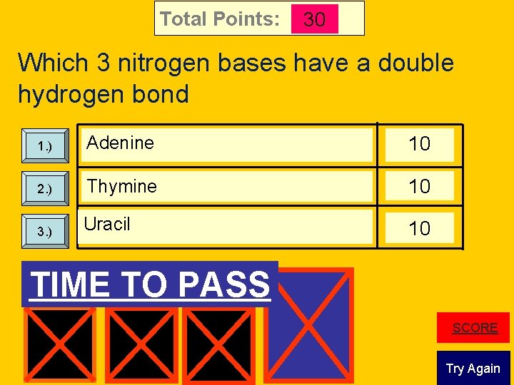 Total Points: 30 Which 3 nitrogen bases have a double hydrogen bond 1. )