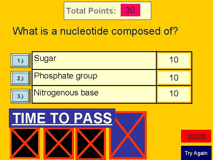 Total Points: 30 What is a nucleotide composed of? 1. ) Sugar 10 2.