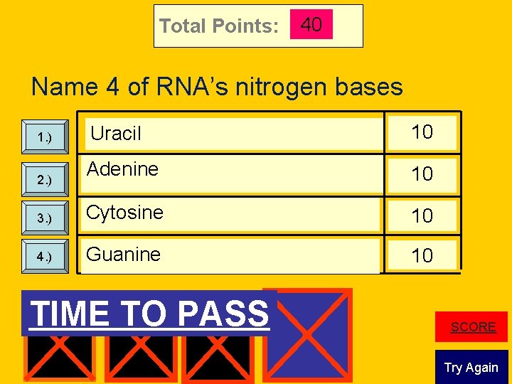 Total Points: 40 Name 4 of RNA’s nitrogen bases Uracil 10 Adenine 10 3.