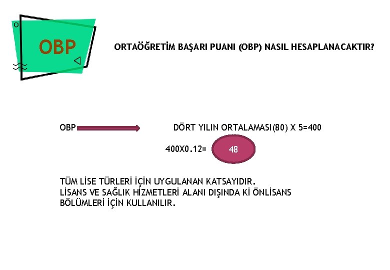 OBP ORTAÖĞRETİM BAŞARI PUANI (OBP) NASIL HESAPLANACAKTIR? DÖRT YILIN ORTALAMASI(80) X 5=400 400 X