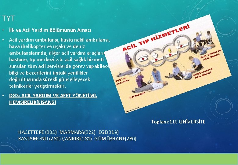 TYT • İlk ve Acil Yardım Bölümünün Amacı • Acil yardım ambulansı, hasta nakil