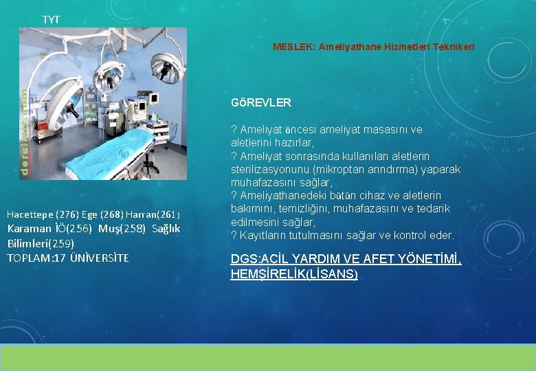 TYT MESLEK: Ameliyathane Hizmetleri Teknikeri GÖREVLER Hacettepe (276) Ege (268) Harran(261) Karaman İÖ(256) Muş(258)