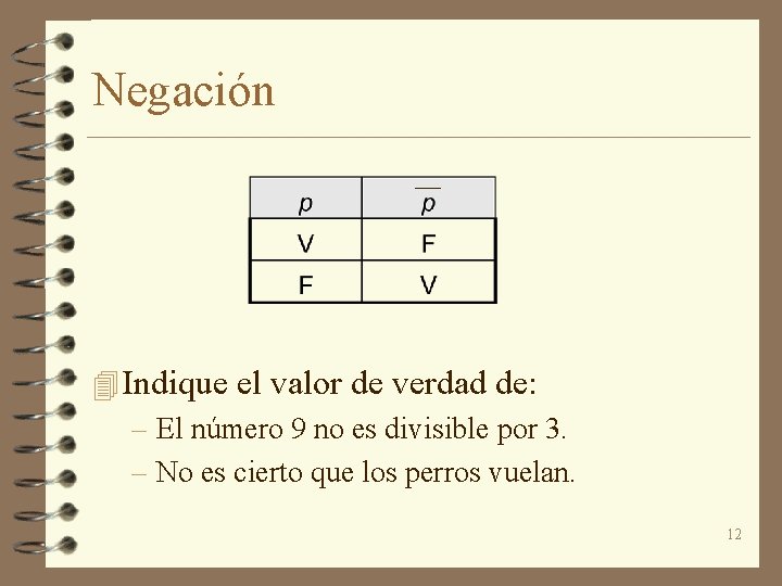 Negación 4 Indique el valor de verdad de: – El número 9 no es