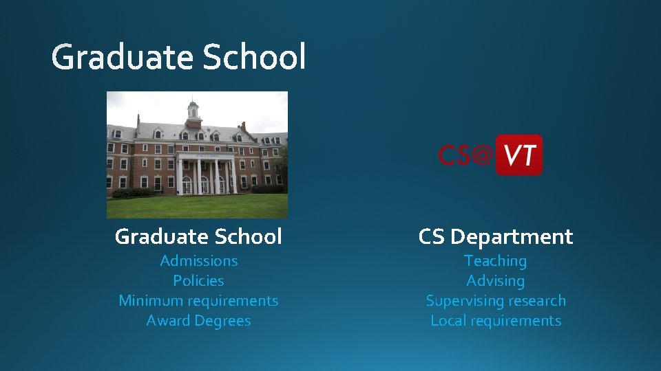 Graduate School Admissions Policies Minimum requirements Award Degrees CS Department Teaching Advising Supervising research