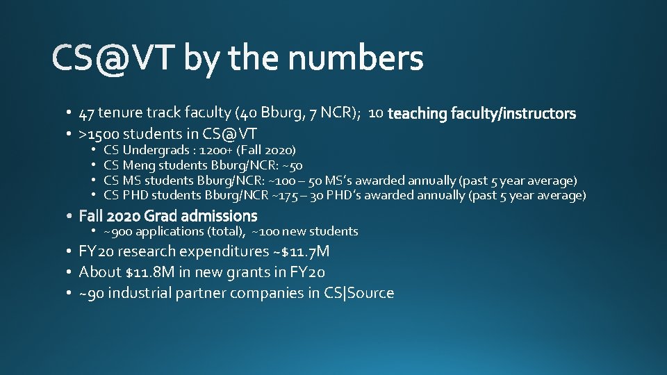  • 47 tenure track faculty (40 Bburg, 7 NCR); 10 • >1500 students
