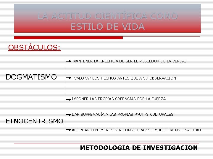 LA ACTITUD CIENTÍFICA COMO ESTILO DE VIDA OBSTÁCULOS: MANTENER LA CREENCIA DE SER EL