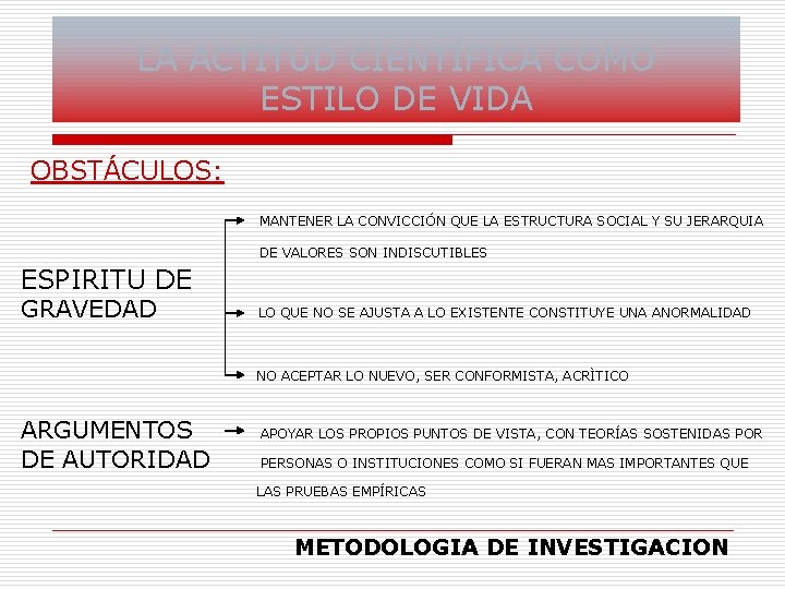 LA ACTITUD CIENTÍFICA COMO ESTILO DE VIDA OBSTÁCULOS: MANTENER LA CONVICCIÓN QUE LA ESTRUCTURA