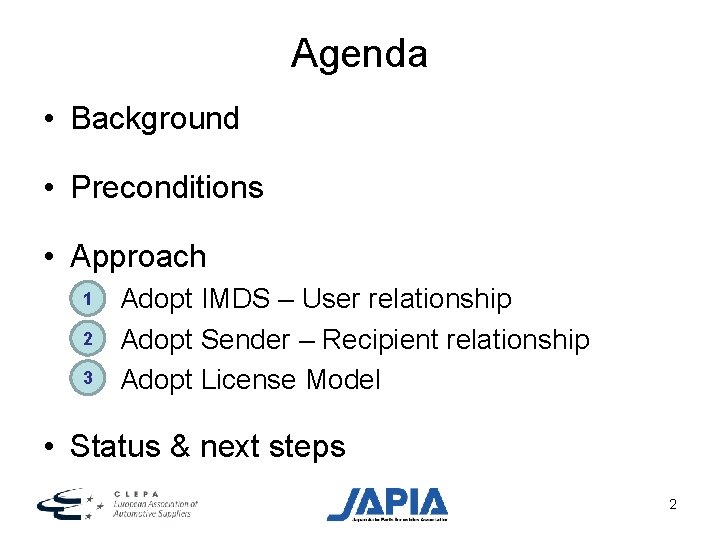 Agenda • Background • Preconditions • Approach 1 2 3 Adopt IMDS – User