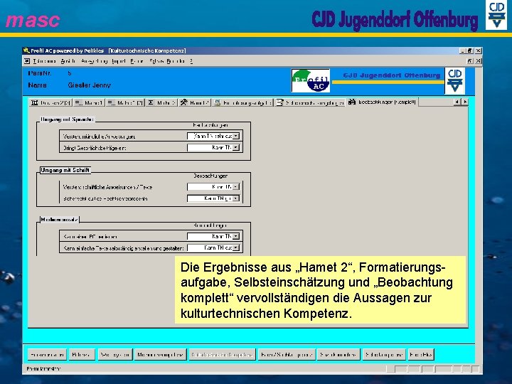 masc Die Ergebnisse aus „Hamet 2“, Formatierungsaufgabe, Selbsteinschätzung und „Beobachtung komplett“ vervollständigen die Aussagen