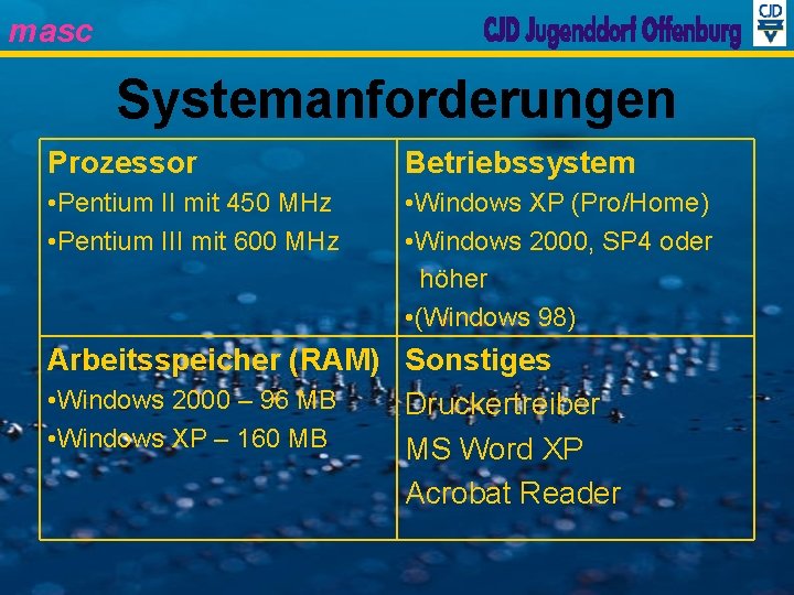 masc Systemanforderungen Prozessor Betriebssystem • Pentium II mit 450 MHz • Pentium III mit