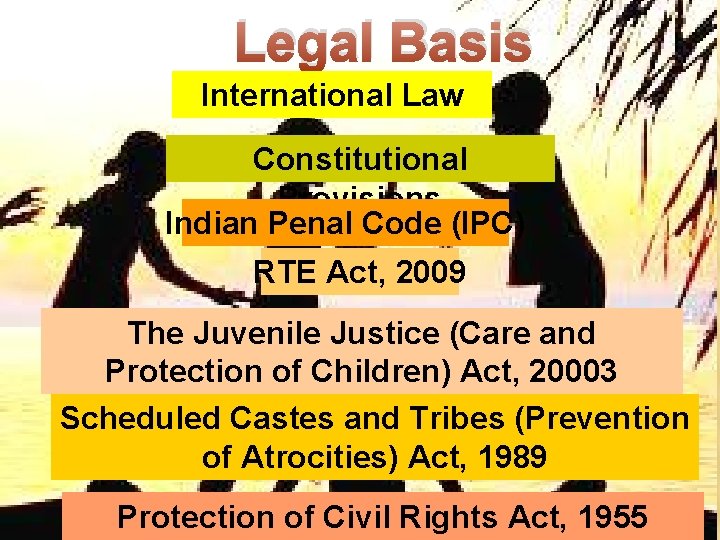 Legal Basis International Law Constitutional Provisions Indian Penal Code (IPC) RTE Act, 2009 The