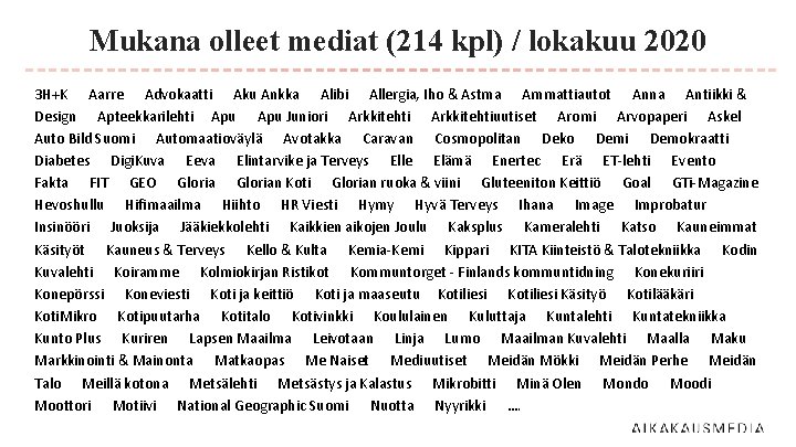 Mukana olleet mediat (214 kpl) / lokakuu 2020 3 H+K Aarre Advokaatti Aku Ankka