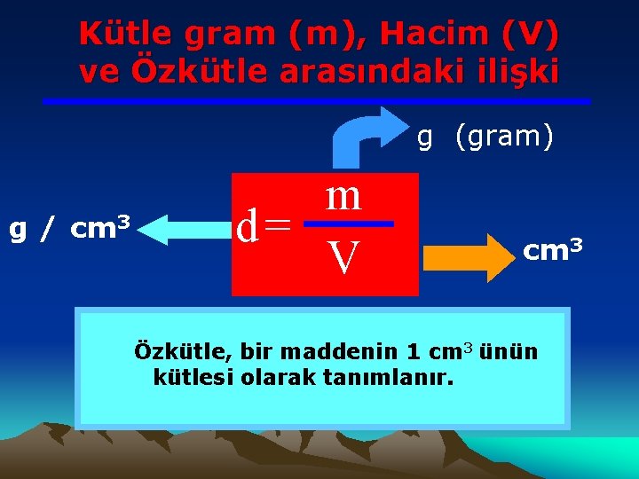 Kütle gram (m), Hacim (V) ve Özkütle arasındaki ilişki g (gram) g / cm